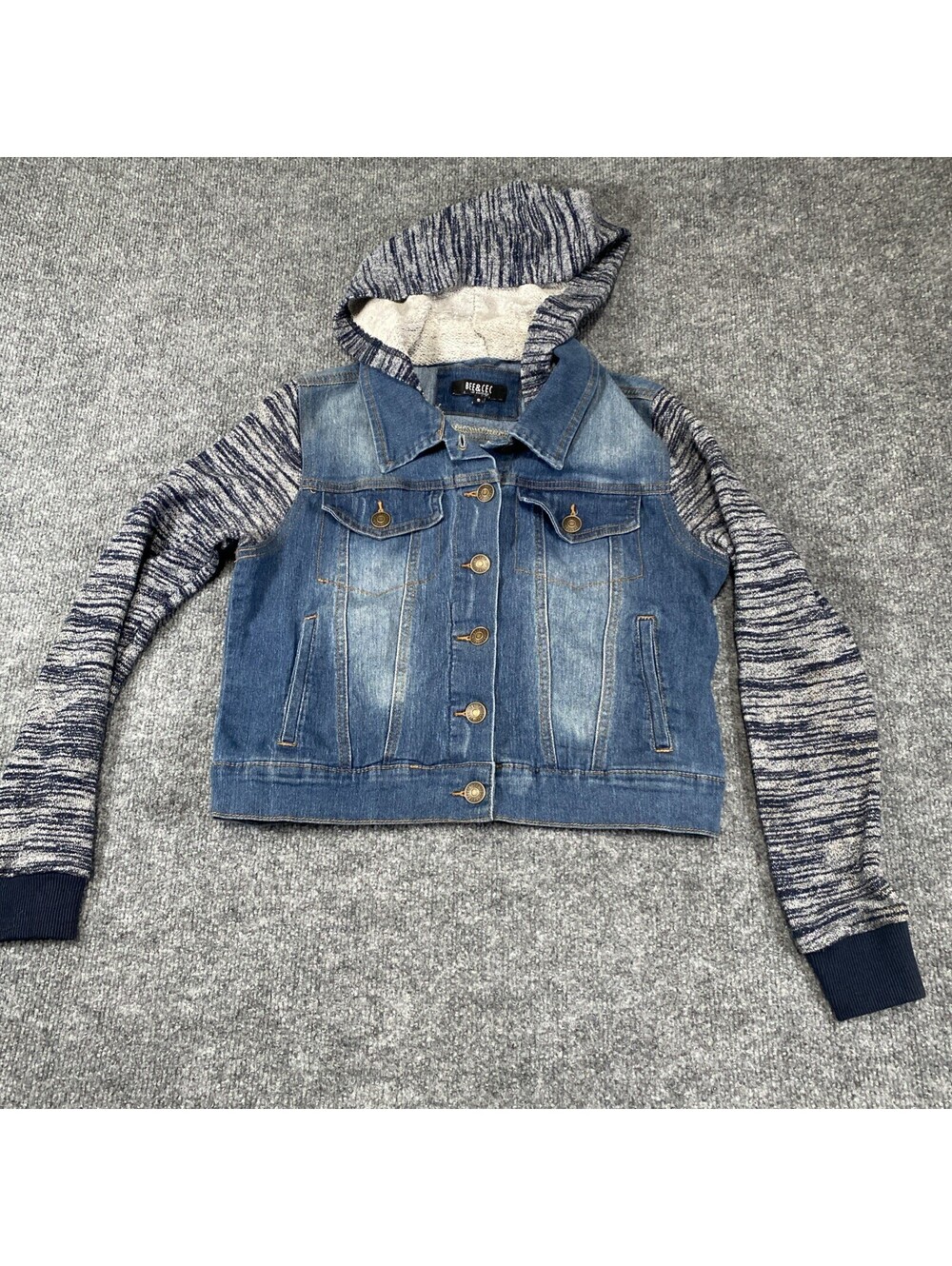 BEE & CECI Blue Jean Jacket Button Front Collared Pockets Hoodie Women's Sz S Ah